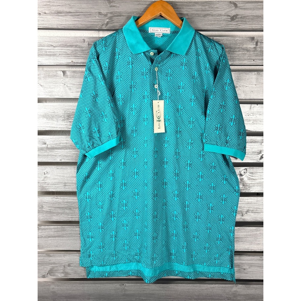 Vtg 90s Izod Club Men Teal Fleur De Lis Print Golf Polo Shirt Short Sleeve L NWT